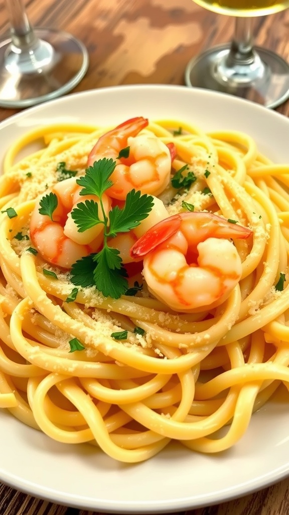 Creamy shrimp Alfredo pasta with fettuccine, garnished with parsley and shrimp on a rustic table.